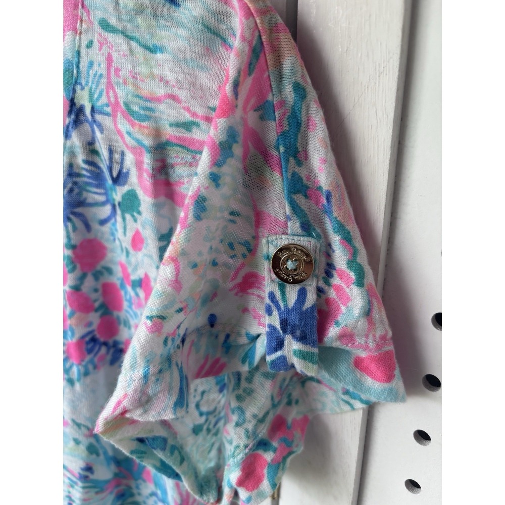 Lilly Pulitzer Womens Sm Short SLV Colorful Scoop Neck 100% Linen Tee Shirt - Picture 2 of 8